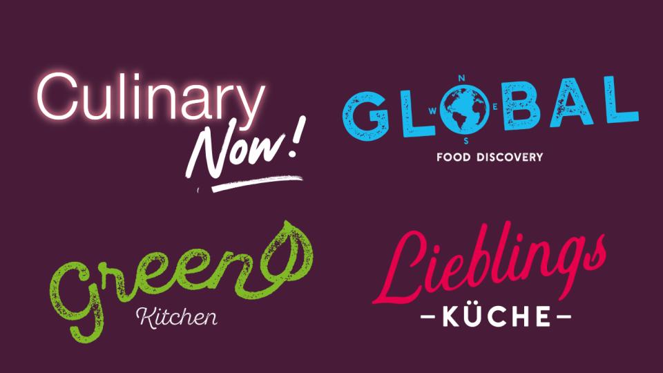 Four logos on a dark background: "Culinary Now!", "Global Food Discovery", "Green Kitchen", and "Lieblings Küche".